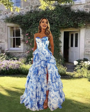 Load image into Gallery viewer, Blue Floral Print Ruffle Corset Dress
