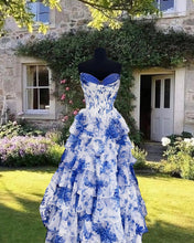 Load image into Gallery viewer, Blue Floral Print Ruffle Corset Dress