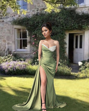 Load image into Gallery viewer, Mermaid Beaded V-neck Slit Sage Satin Dress