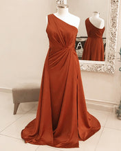 Load image into Gallery viewer, Burnt Orange Satin One Shoulder Dress