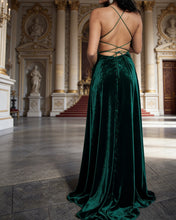 Load image into Gallery viewer, Clara | Green Velvet Slit Dress With Pockets