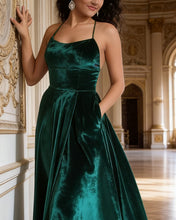 Load image into Gallery viewer, Clara | Green Velvet Slit Dress With Pockets