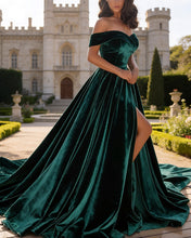 Load image into Gallery viewer, Off The Shoulder Velvet Dress Front Slit