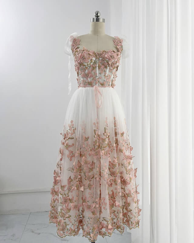 Blush Butterfly Lace Embroidery Tulle Midi Corset Dress