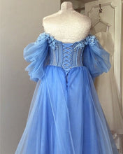 Load image into Gallery viewer, Blue A-line Midi Tulle Corset Dress With Puffy Sleeves