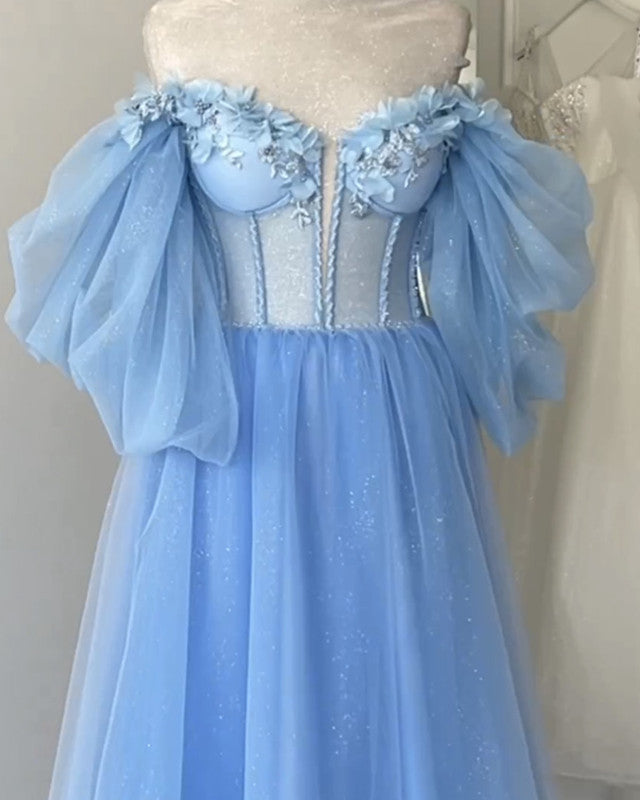 Blue A-line Midi Tulle Corset Dress With Puffy Sleeves Blue A-line Midi Tulle Corset Dress With Puffy Sleeves