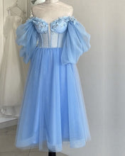 Load image into Gallery viewer, Blue A-line Midi Tulle Corset Dress With Puffy Sleeves