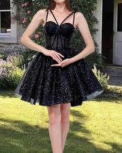 Load image into Gallery viewer, Short Black Sparkly Spaghetti Strap Dress