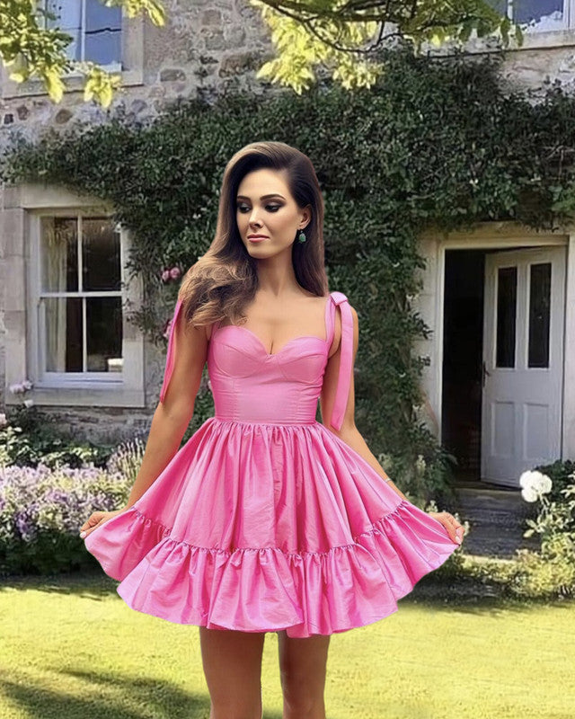 Short Hot Pink A-line Ruffle Satin Dress