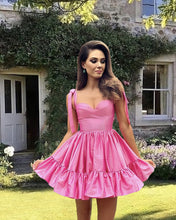 Load image into Gallery viewer, Short Hot Pink A-line Ruffle Satin Dress