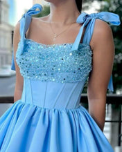 Load image into Gallery viewer, Short Blue Satin Ruffles Dress With Bow Straps

