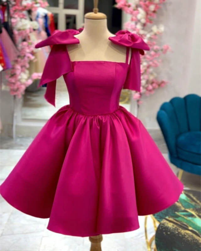 Short Satin Bow Straps Mini Dress