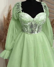 Load image into Gallery viewer, Short Puffy Sleeves Lace Appliquess Corset Dress