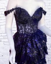 Load image into Gallery viewer, Navy Blue Lace Ruffle Homecoming Dress