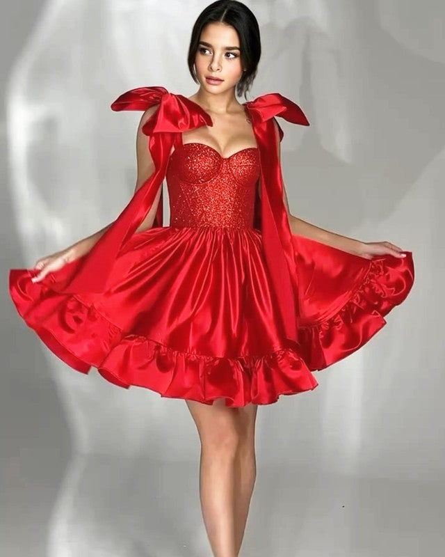 Red A-Line Bow Straps Mini Dress