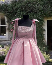 Load image into Gallery viewer, Short Pink Beaded Satin Bow Straps Dress