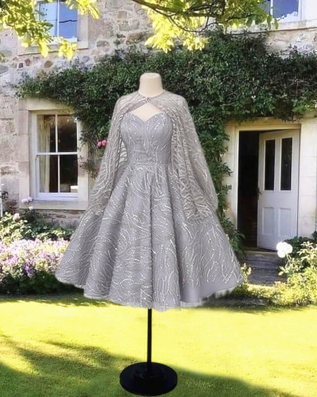 Short Silver Sparkly Dress With Cape Short Silver Sparkly Dress With Cape