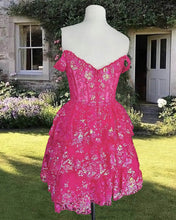 Load image into Gallery viewer, Short Hot Pink Off The Shoulder Lace Dress
