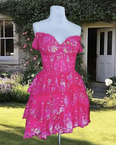 Hot Pink Lace Homecoming Dress