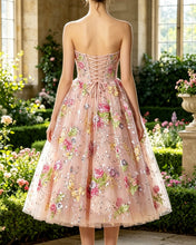 Load image into Gallery viewer, MERCI |Tea Length Strapless Floral Sequin Dress