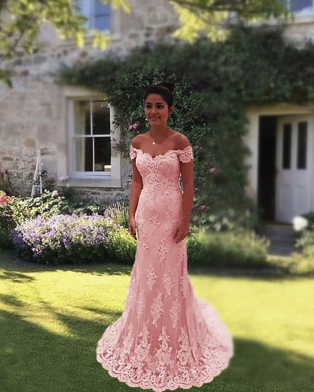 Long Lace Evening Gown Premium Off Shoulder Pleated Lace Embroidery Mermaid  Prom Dr Mermaid Off Shoulder Prom Dress