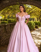 Load image into Gallery viewer, Puffy Sleeves Off Shoulder Satin Prom Dresses Ball Gowns