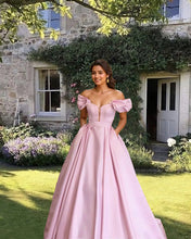 Load image into Gallery viewer, Puffy Sleeves Off Shoulder Satin Prom Dresses Ball Gowns