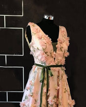 Load image into Gallery viewer, Long Pink 3D Flowers V-neck Dress