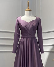 Load image into Gallery viewer, Modest Dusty Purple Satin Long Sleeve Dress