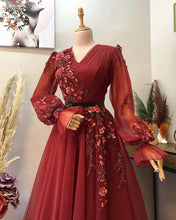 Load image into Gallery viewer, Red Tulle V-neck Long Sleeve Embroidery Dress
