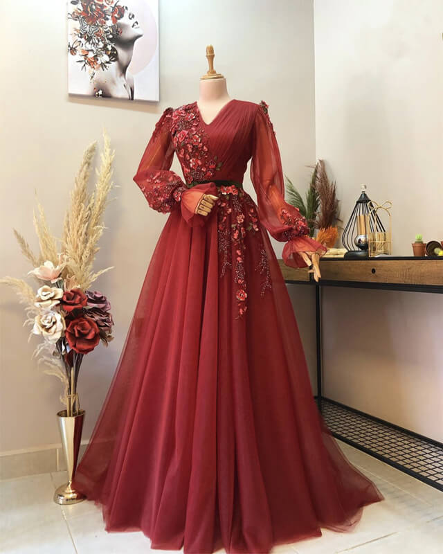 chinese dress ladies Red A-Line Prom gown,off The Shoulder Prom Dress with Long Sleeves,Plus Size Prom Dress PD00042, US4 / Red main image 0