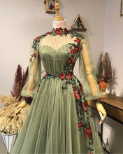 Load image into Gallery viewer, Long Sleeve Sage Tulle Dress With Lace Embroidery