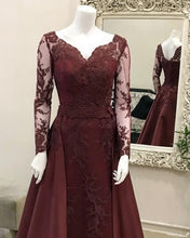 Load image into Gallery viewer, Dark Burgundy Lace Long Sleeve V-neck Dress