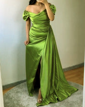 Load image into Gallery viewer, Mermaid Lime Green Satin Slit Dress