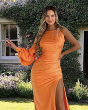 Load image into Gallery viewer, Mermaid Orange Satin One Sleeve Dress