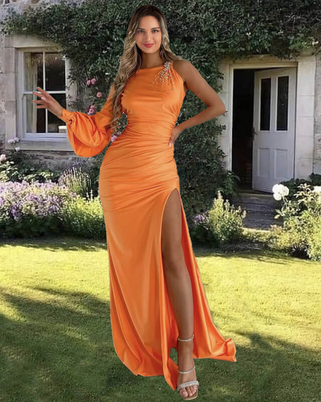 Mermaid Orange Satin One Sleeve Dress Mermaid Orange Satin One Sleeve Dress