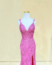Load image into Gallery viewer, Pink Mermaid Lace V-neck Split Dress