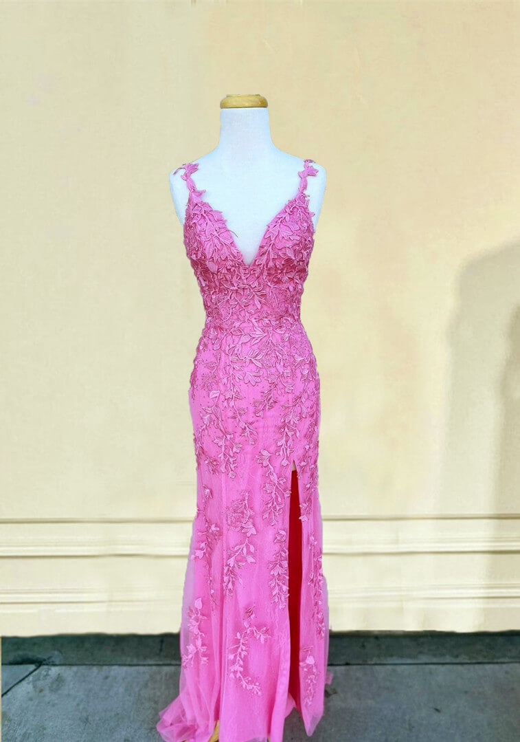 Pink Mermaid Lace V-neck Split Dress