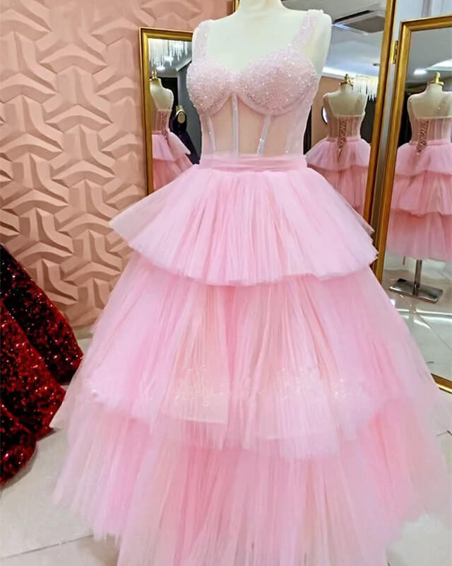 Pink Tulle Sheer Corset Prom Dress – alinanova