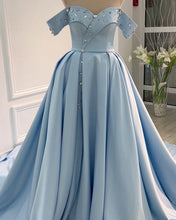 Load image into Gallery viewer, Light Blue Satin Off Shoulder Dress With Crystal Beaded
