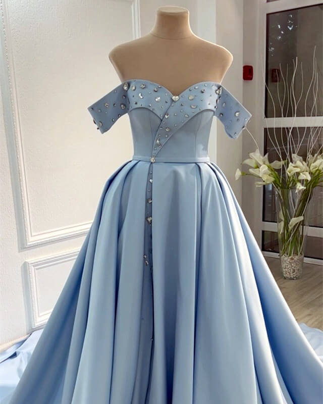 Light Blue Satin Prom Dress 2024 Off The Shoulder alinanova Light Blue Satin Prom Dress 2024 Off The Shoulder alinanova
