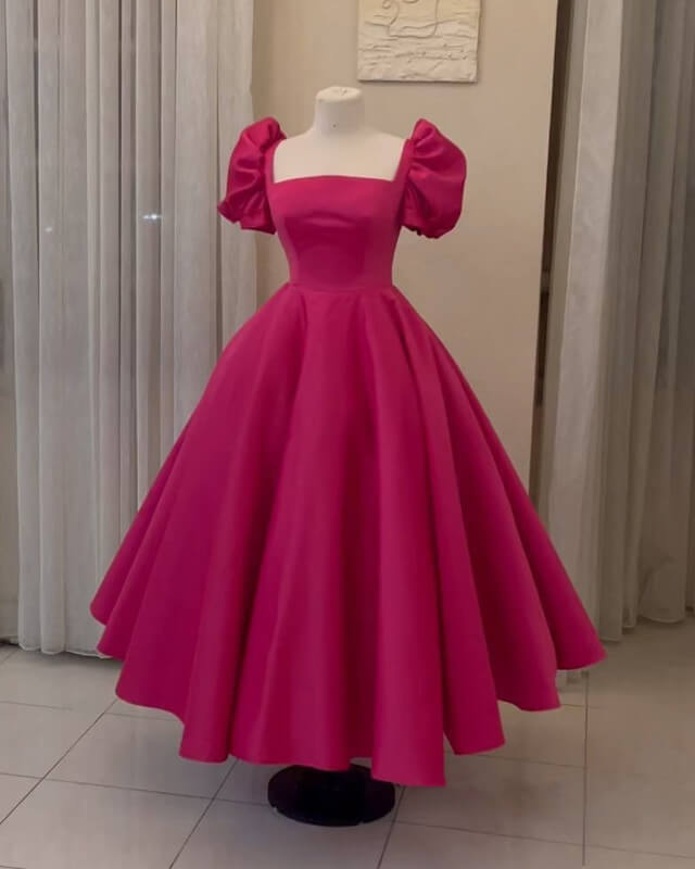 open lace back dress Puffy Sleeves Ankle Length Satin Ball Gown – alinanova