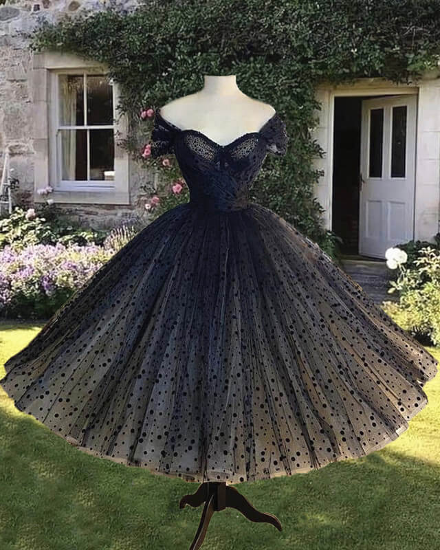 Black Dot Tulle Tea Length Prom Dress Black Dot Tulle Tea Length Prom Dress