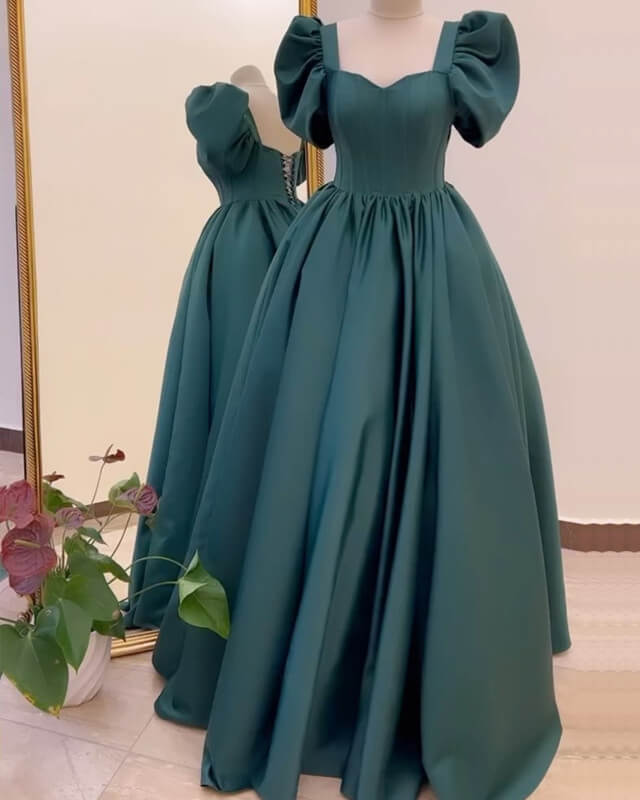 Long Hunter Green Satin Puffy Sleeves Dress Long Hunter Green Satin Puffy Sleeves Dress