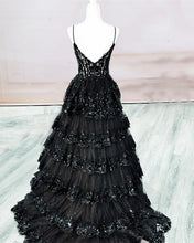 Load image into Gallery viewer, Black Tiered Lace Ball Gown Dress

