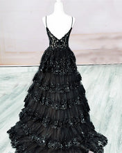 Load image into Gallery viewer, Black Tiered Lace Ball Gown Dress