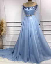 Load image into Gallery viewer, Dusty Blue Tulle Appliques Long Sleeve Dress