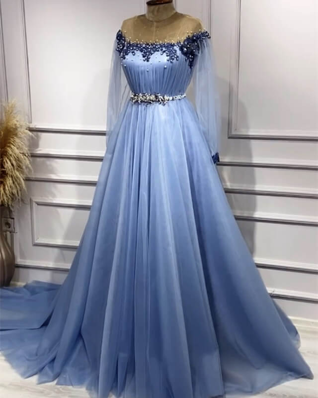 Dusty Blue Tulle Appliques Long Sleeve Dress Dusty Blue Tulle Appliques Long Sleeve Dress