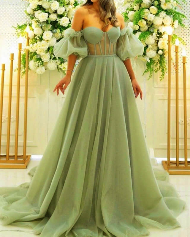 Long Sage Tulle Puffy Sleeves Formal Dress alinanova