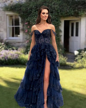 Load image into Gallery viewer, Navy Blue Lace Ruffle Gown